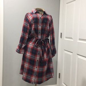 Red/blue plaid flannel shirt dress